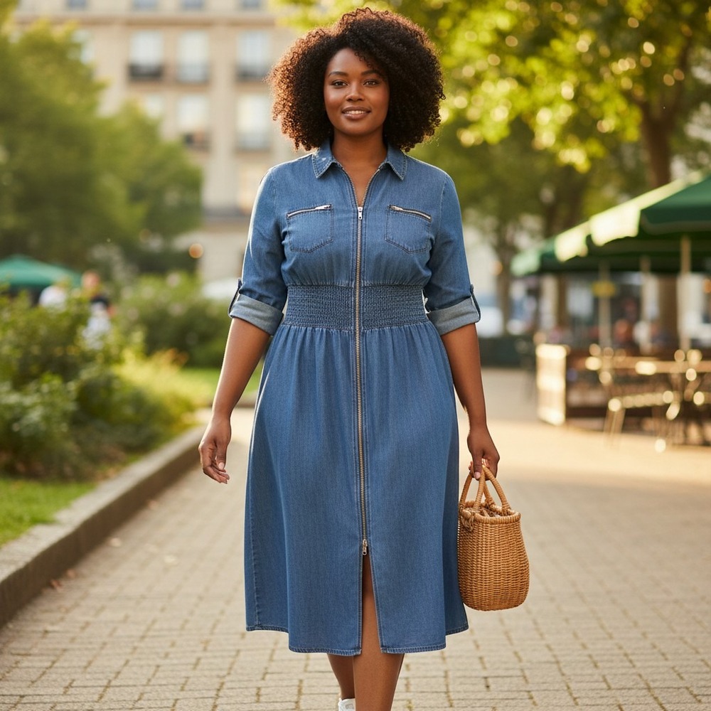 J. Lee Denim Dress Womens 2X Plus Medium Wash Smocked Waist Zip Front Midi